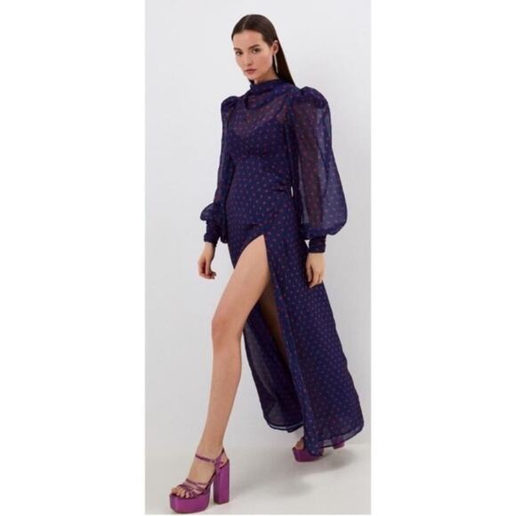 For Love & Lemons Mavis Polkadot Long Sleeve Blue and Red Maxi Dress Sz XS - Picture 4 of 13